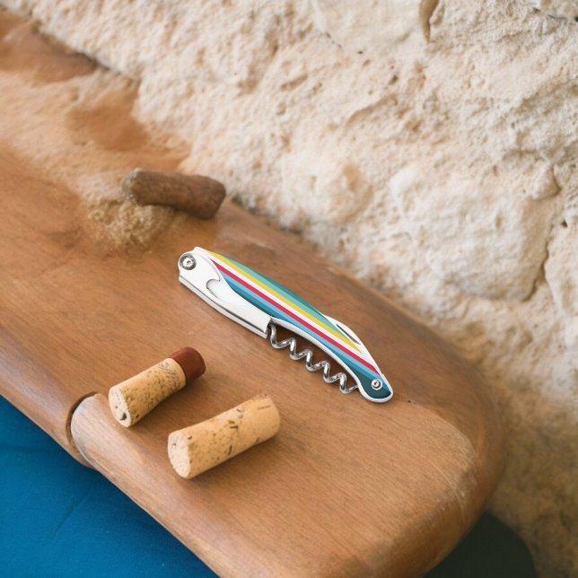 Sacacorchos Rayas rojas y amarillas entre tonos azules (Corkscrew Bottle Opener)