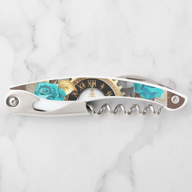 Sacacorchos Reloj de vapor y Rosas turquesa a rayas (Anverso)