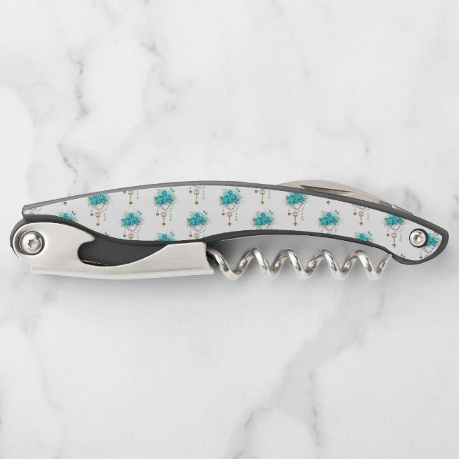 Sacacorchos Rosas turquesas con llaves (Anverso)