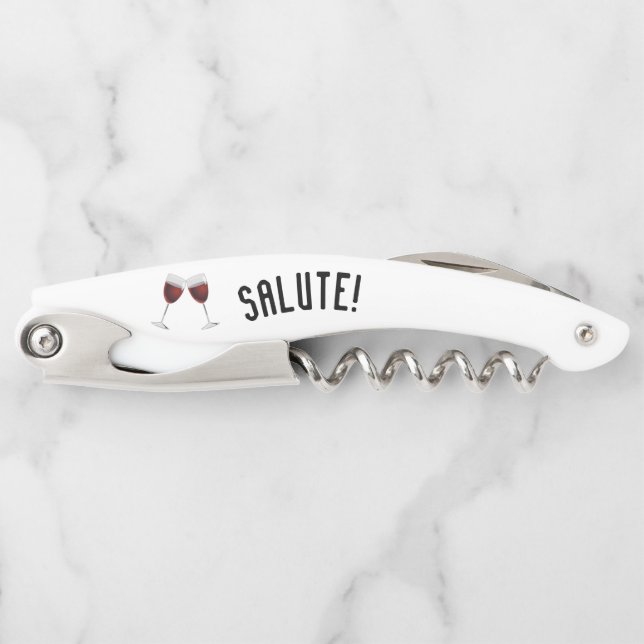 Sacacorchos ¡Saludos! con gafas de vino (Anverso)