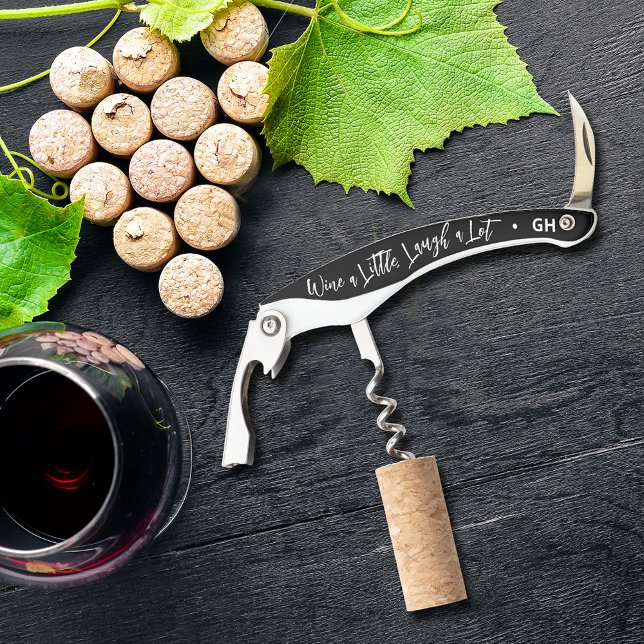 Sacacorchos Wine a Little Laugh A Lot Black (Personalized Corkscrew with your initials on the end - great gift idea!)