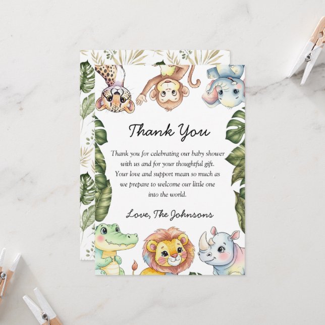 Safari Animals Baby Shower Thank You Card (Anverso/Reverso In Situ)