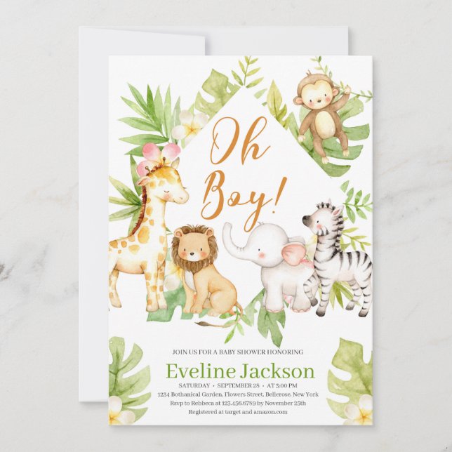 Safari Animals Oh Boy Invitación de Baby Shower Ve (Anverso)