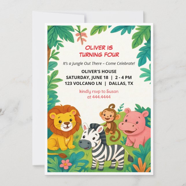 Safari Animals Tarjeta plana Fiesta de invitación  (Anverso)
