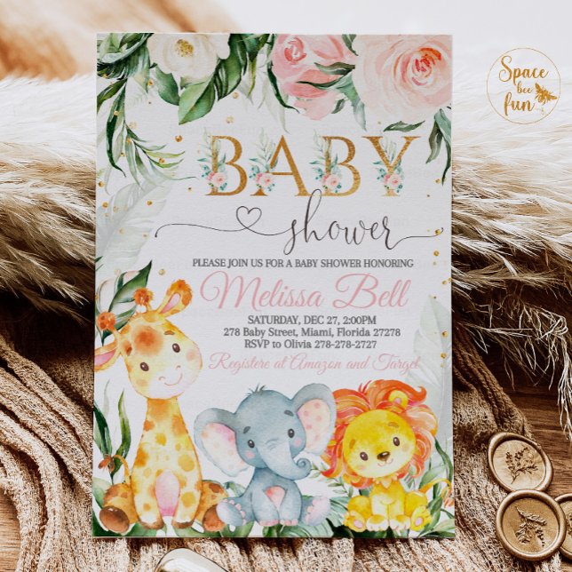 Safari Baby Ducha Invitación Chica Rosa Young Wild (Subido por el creador)