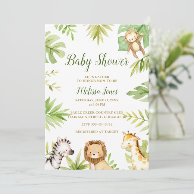 Safari Baby Shower Invitación a la jungla Género N (Anverso de pie)