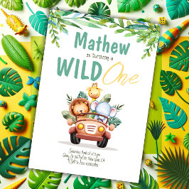 Safari Car Wild One Boy Birthday Invitación