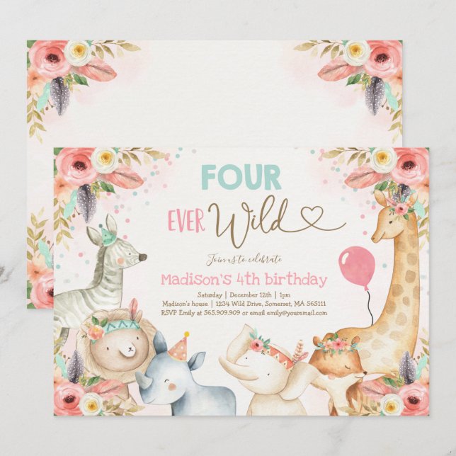 Safari cuatro invitaciones de cumpleaños salvajes (Anverso / Reverso)