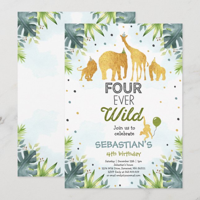 Safari cuatro invitaciones de cumpleaños salvajes  (Anverso / Reverso)