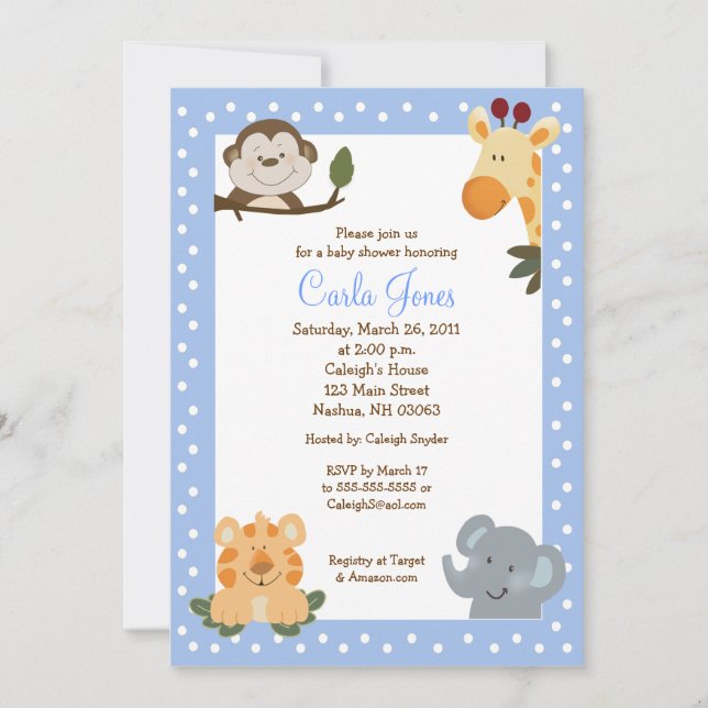Safari de la jungla (azul) Invitación de Baby Show (Anverso)