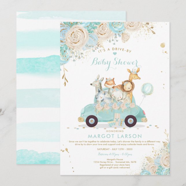 Safari Drive Por Baby Shower Invitación Mint Flora (Anverso / Reverso)