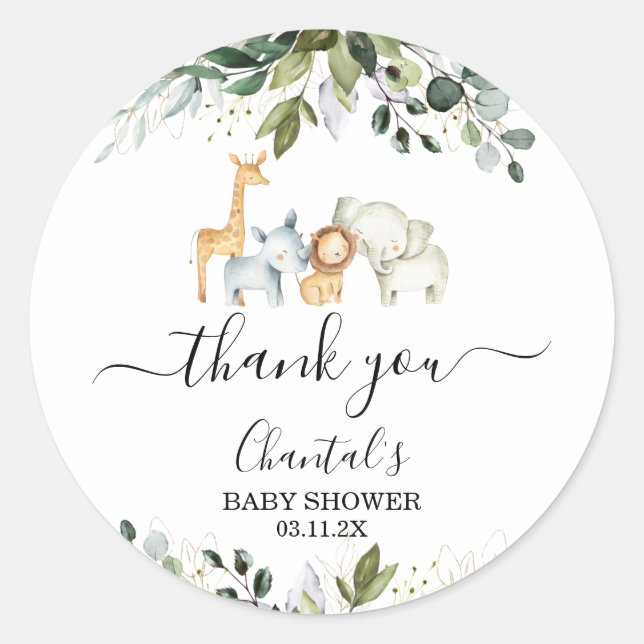 Safari Foliage Baby Shower Favor Pegatina (Anverso)