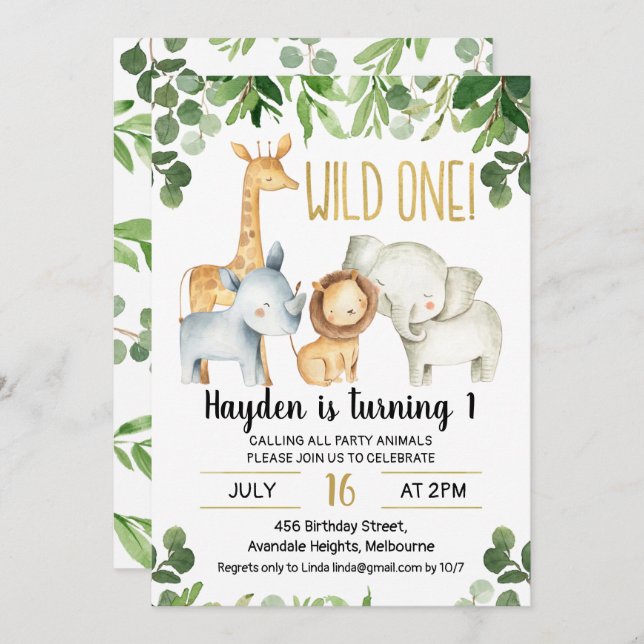 Safari Foliage Wild One First Birday Invitación (Anverso / Reverso)