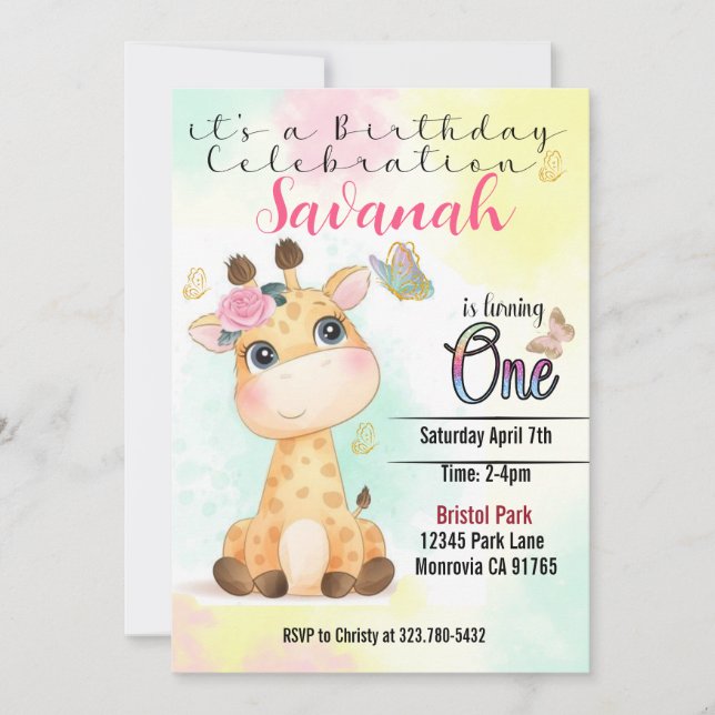 Safari Giraffe primera invitación de cumpleaños (Anverso)