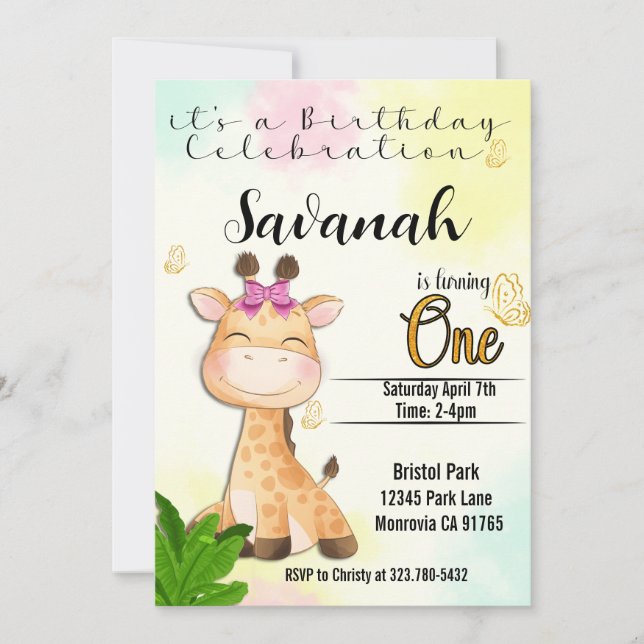 Safari Giraffe primera invitación de cumpleaños (Anverso)