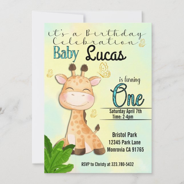 Safari Giraffe primera invitación de cumpleaños (Anverso)