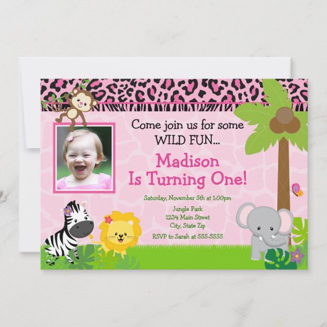 Safari Invitación a cumpleaños Safari Chica rosado (Anverso)