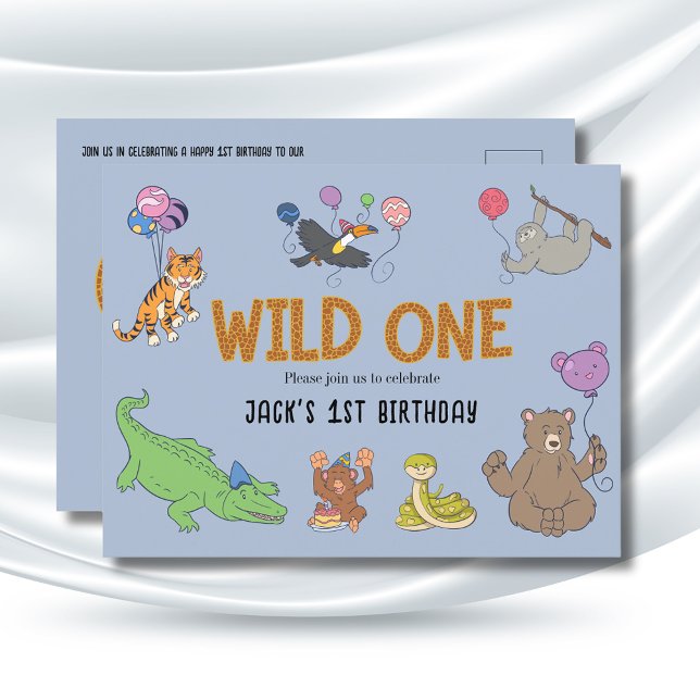 Safari Invitaciones de cumpleaños 1ª animales salv (Wild One 1st Birthday Jungle Safari animals invitation in blue.)