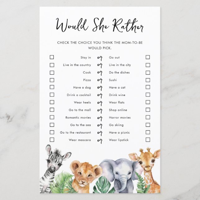 Safari Prefiere Tarjeta De Juego Baby Shower (Anverso)