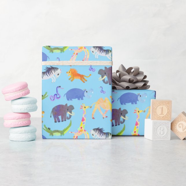 Safari salvaje sobre papel de envolvimiento azul p (Baby Shower)