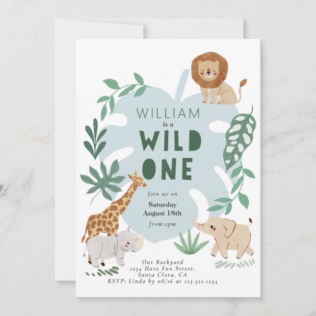 Safari Wild One Boy Invitación al primer cumpleaño (Anverso)
