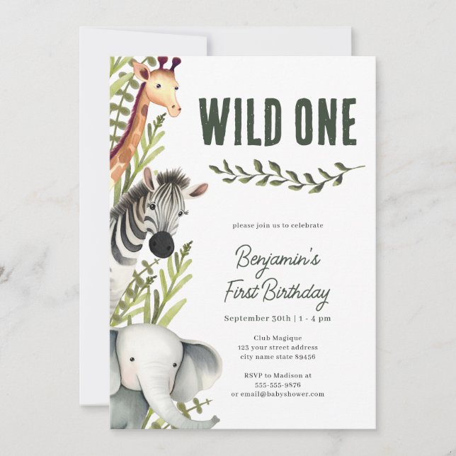 Safari Wild One Boy Invitación al primer cumpleaño (Anverso)