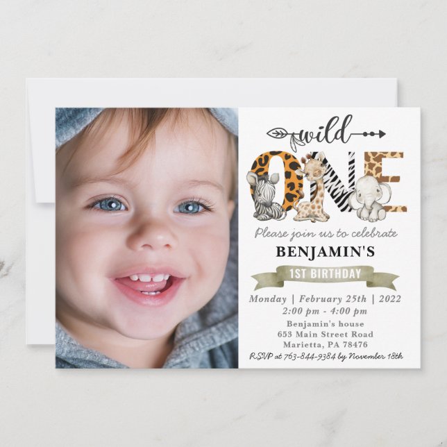 Safari Wild One First Birthday con su invitación p (Anverso)