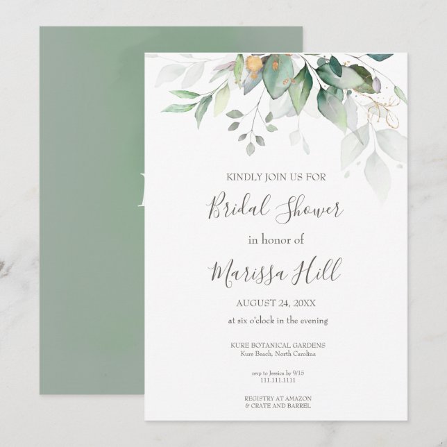 Sage Elegant Eucalyptus Bridal Shower Invitación (Anverso / Reverso)