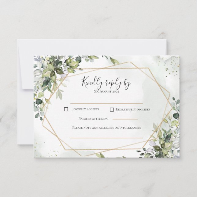 Sage gold eucalyptus geometric wedding RSVP card (Anverso)