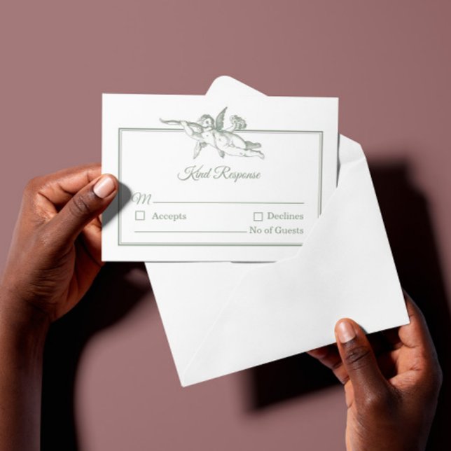 Sage Gray Toile de Jouy Cherub Wedding RSVP Card (Subido por el creador)