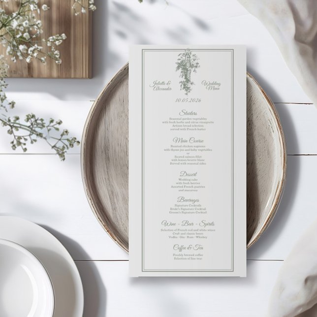 Sage Gray Toile de Jouy Wedding Menu Card (Subido por el creador)