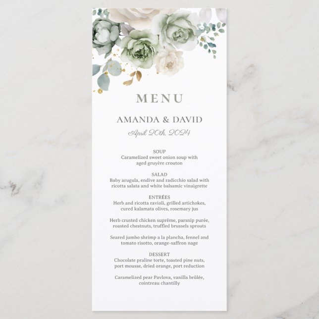 Sage Green Botanical Elegant Wedding Flat Menu (Anverso)