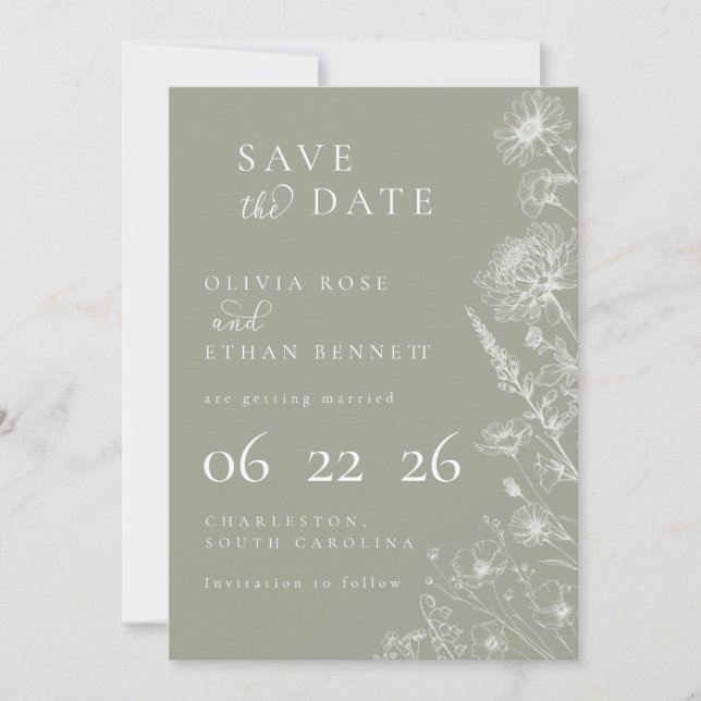 Sage Green Botanical Minimal Wedding Save the Date (Anverso)