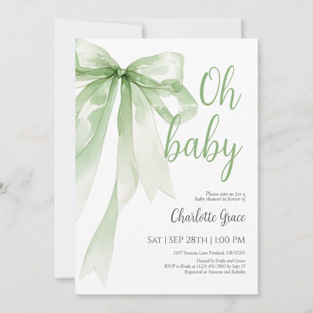 Sage Green Bow Oh Invitación a Baby Shower (Anverso)
