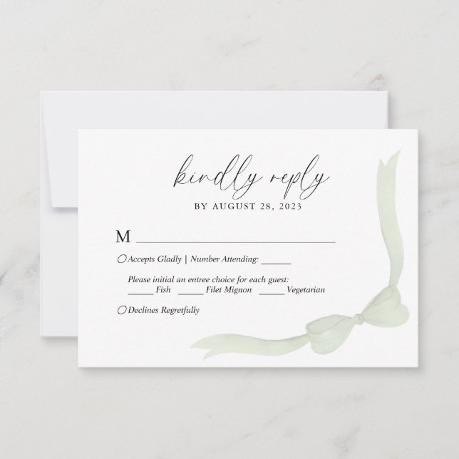Sage Green Bow Ribbon Menu Choice Wedding RSVP (Anverso)
