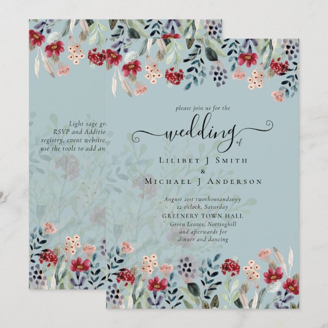 Sage Green Burgundy Blue Floral Boda (Anverso / Reverso)