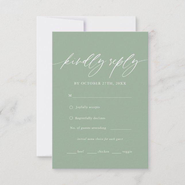 Sage Green Calligraphy Boda Menú Elección RSVP (Anverso)