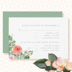 Sage Green Coral Watercolor Floral Wedding RSVP