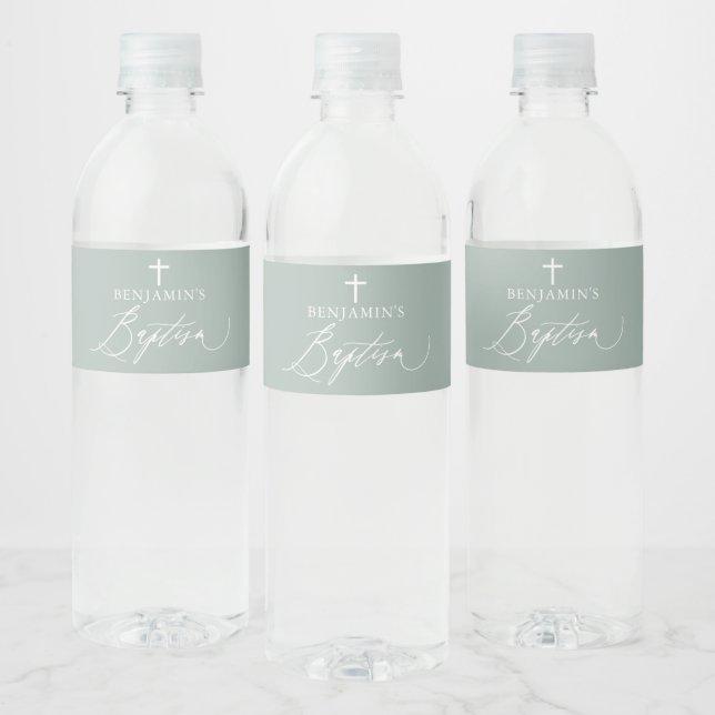 Sage Green Cross Boy Baptism Etiqueta de botella d (Botellas)