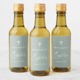 Sage Green Cross Boy Baptism Mini Etiqueta de vino