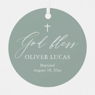 Sage Green Cross Boy Baptism Ornamento cerámico