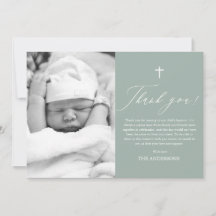 Sage Green Cross Boy Photo Baptism Gracias Tarjeta