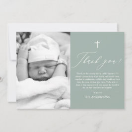 Sage Green Cross Boy Photo Baptism Gracias Tarjeta