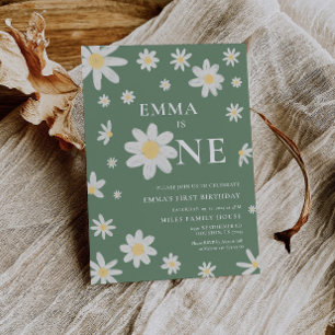 Sage Green Daisy Primera Invitación de Cumpleaños 