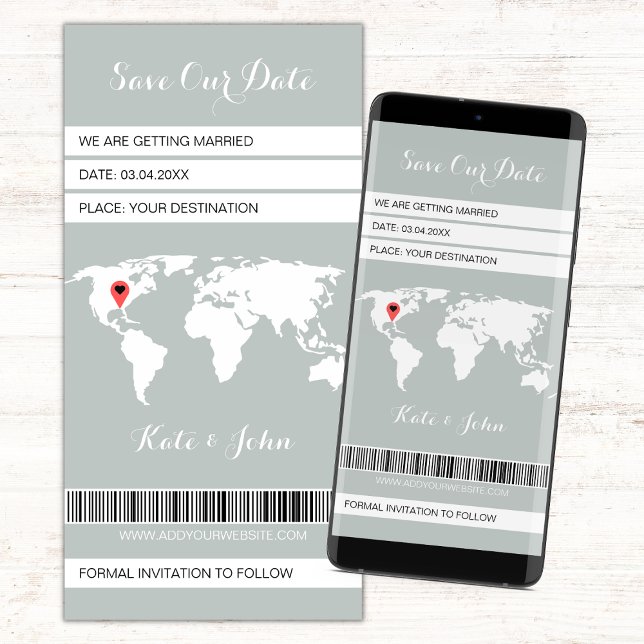 Sage Green de destino de tarjeta de embarque elect (save the date digital boarding pass invitation, save our date sage green and white evite)