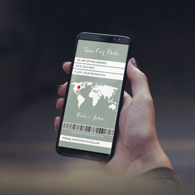 Sage Green de destino de tarjeta de embarque elect (save the date boarding pass electronic ticket sage green world map destination wedding)