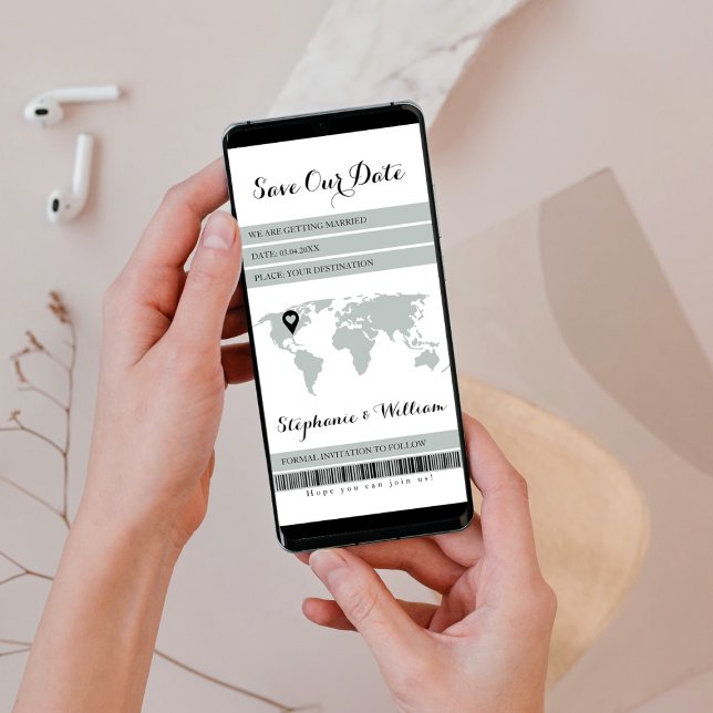 Sage Green de destino de tarjeta de embarque elect (save the date boarding pass electronic boarding pass destination pin world map passport digital)