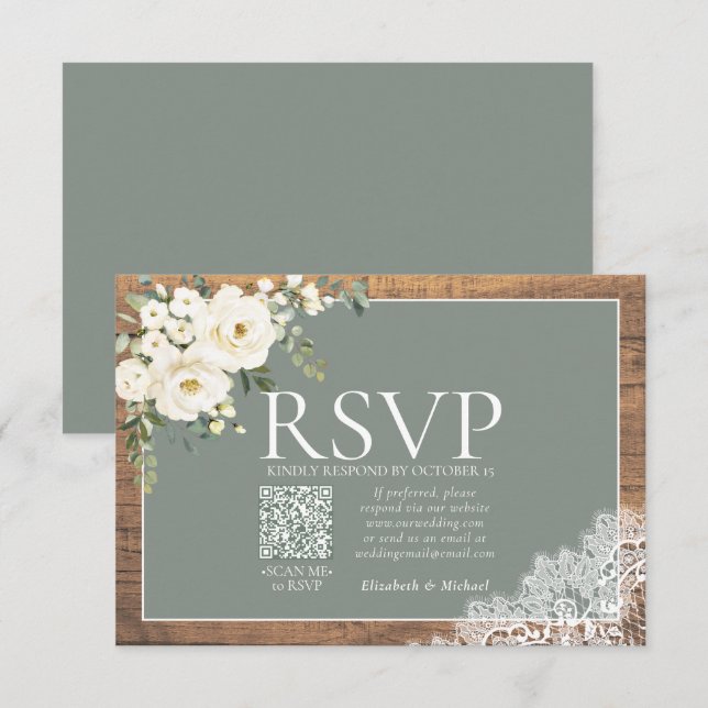 Sage Green Eucalyptus Lace Wood Boda QR RSVP (Anverso / Reverso)
