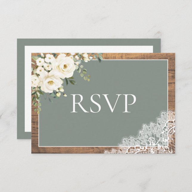 Sage Green Eucalyptus Lace Wood Wedding RSVP (Anverso / Reverso)