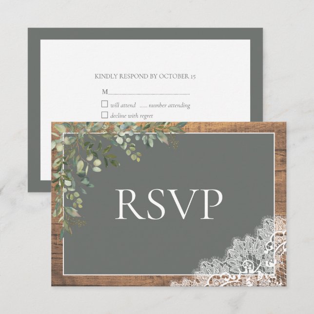 Sage Green Eucalyptus Lace Wood Wedding RSVP (Anverso / Reverso)